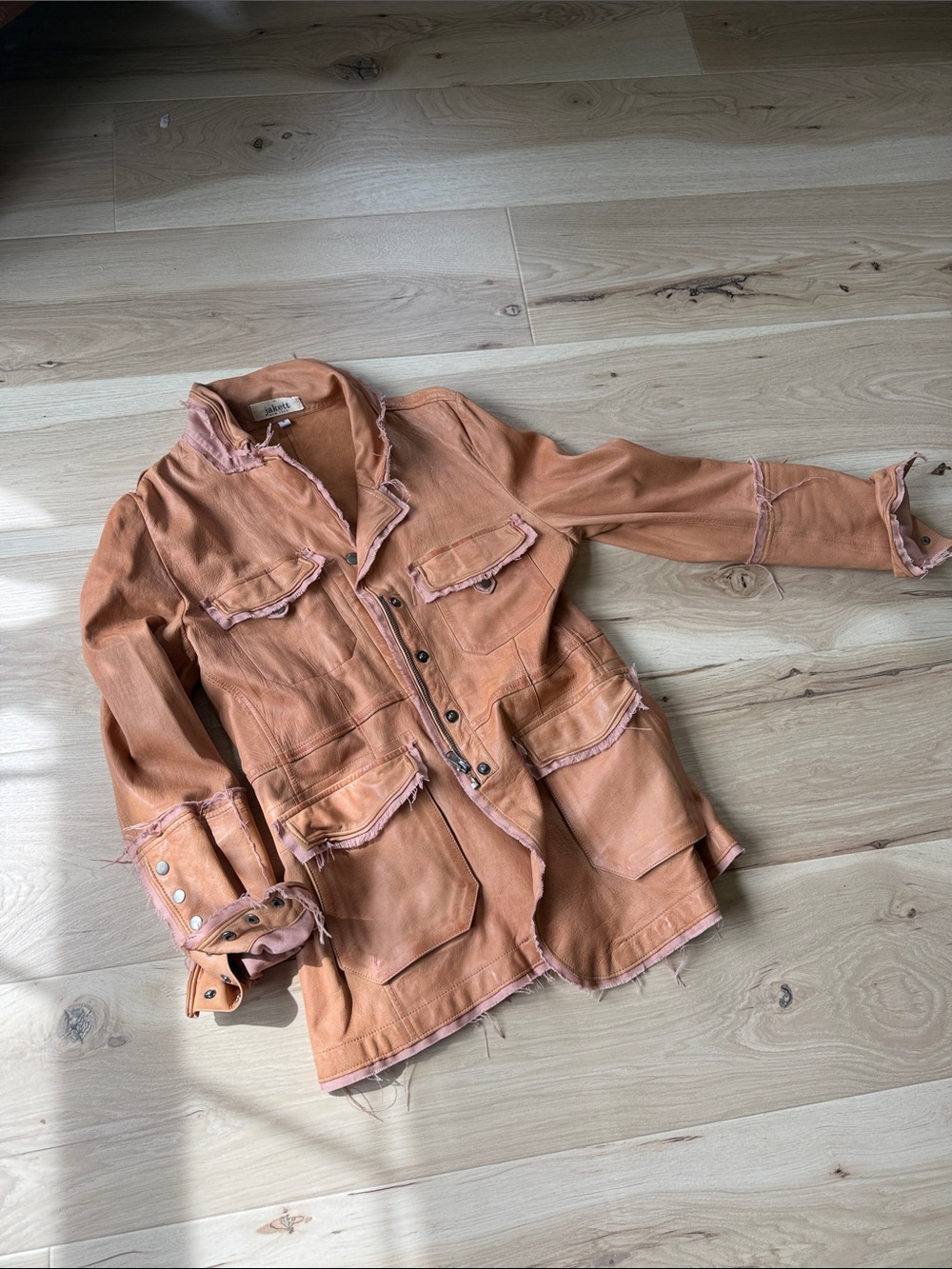 Frayed leather Peach Utility Jacket with Front Flap Pockets